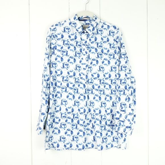 Chicos Long Sleeved Tunic Top Womens Size 0 U.S. 4/6 White w/ Blue Shell Print - Picture 1 of 11